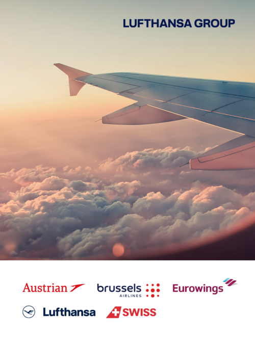 Lufthansa Group graphic featuring an airplane flying above the clouds. Lufthansa Group brands are listed below.