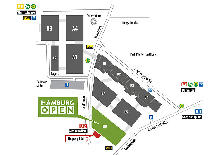 HAMBURG OPEN site plan. The focus is on Hall B6 in the south of the exhibition center.