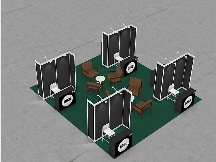 Mockup der Standfläche vom Corporate Video Village mit vier Ständen und einem Sitzbereich in der Mitte