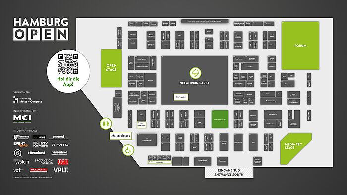 Hall plan of the HAMBURG OPEN 2025, with the cooperation and media partners to the left of the plan. There is also a QR code to download the app.